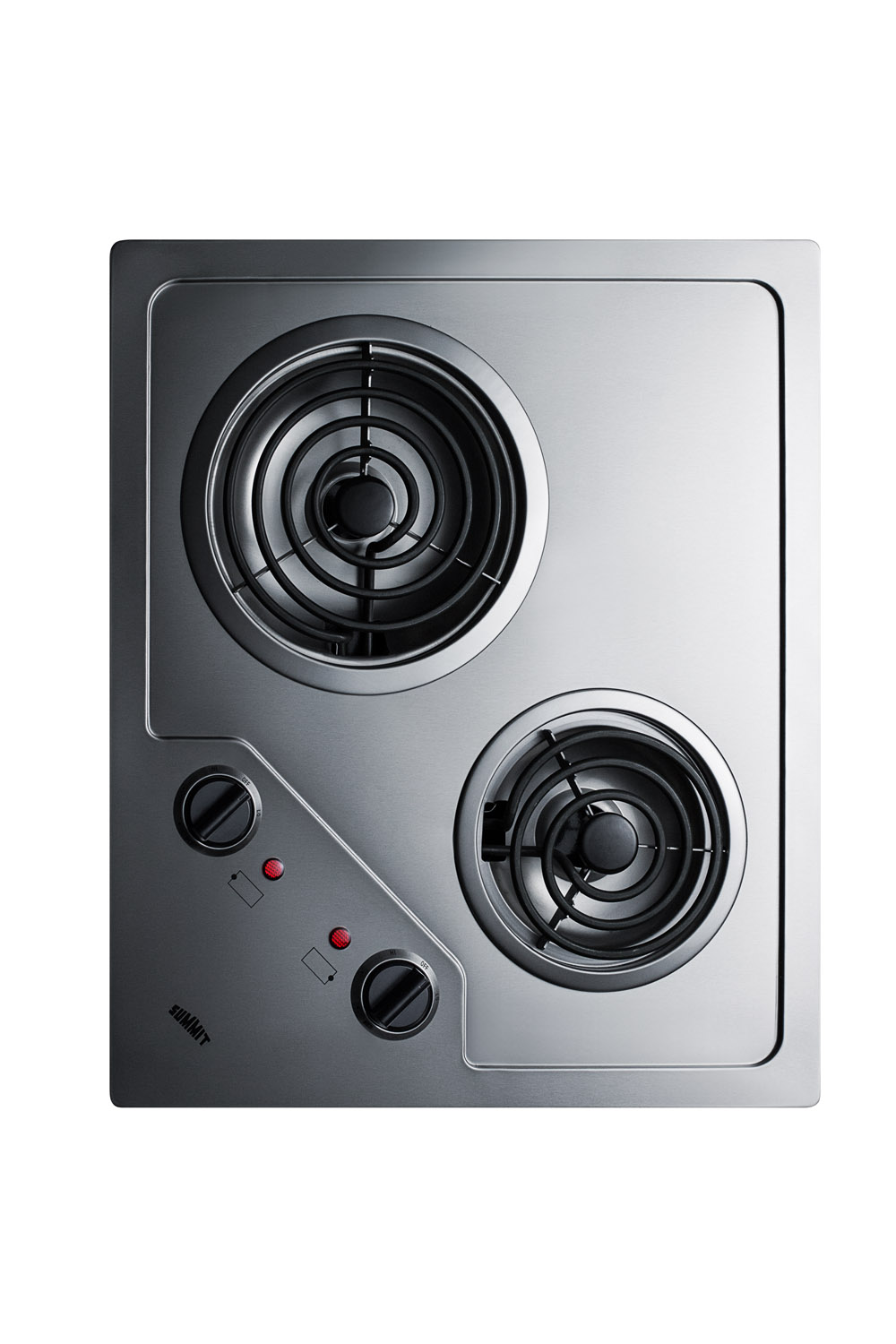 2-burner 230V electric cooktop designed for portrait or landscape installation, with coil elements and stainless steel finish
